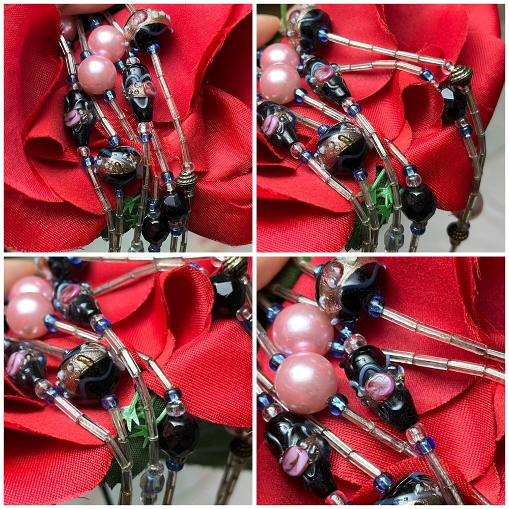 Vintage 3-strand Wedding Cake Beaded Necklace with Bugle Beads & Pink Pearls - Picture 6 of 15